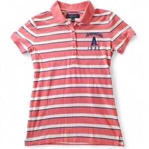 Y2K Aeropostale Polo Shirt Pink White Large Stripe Prep Soft Slim 90s Womens M